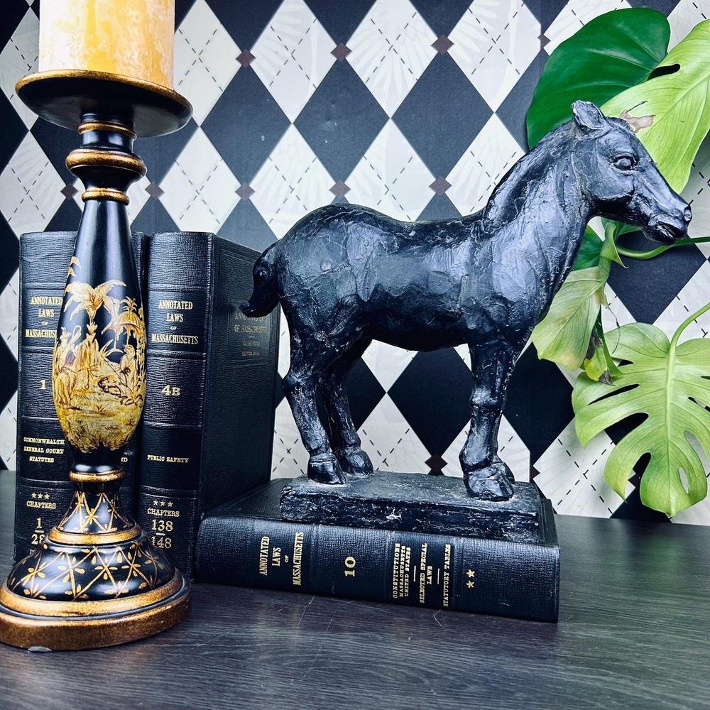 Black‎ Stallion Equestrian Sculpture  12" Decor Vintage Horse Resin Statue